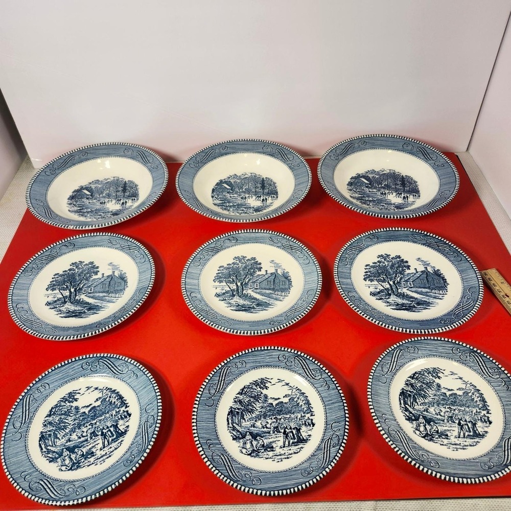Royal‎ China Currier and Ives Blue White Plates Soup Bowls 12pcs Set Made in USA